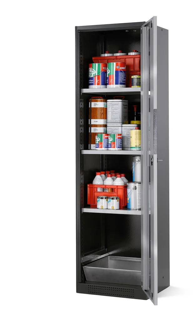 ASECOS ARMARIO PARA QUíMICOS SYSTEMA CS53RG, ANTRACITA, PUERTA BATIENTE PLATA, 3 ESTANTES Y CUBETO