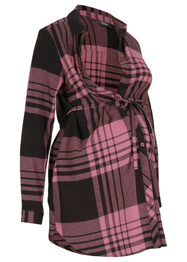 BLUSA LARGA DE MATERNIDAD/DE LACTANCIA DE FRANELA NEGROROSA DE CUADROS