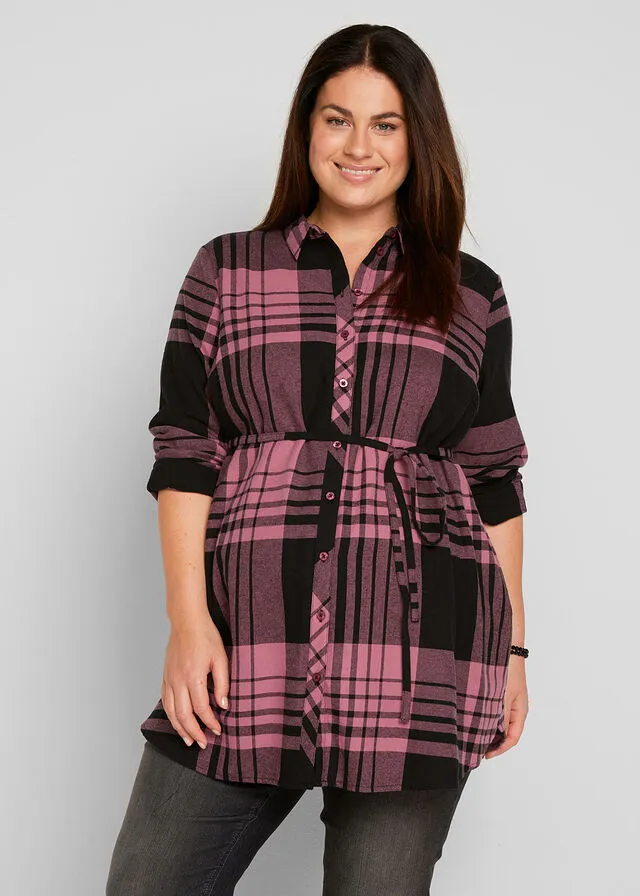 BLUSA LARGA DE MATERNIDAD/DE LACTANCIA DE FRANELA NEGROROSA DE CUADROS