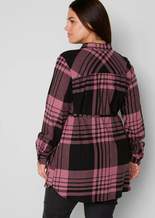 BLUSA LARGA DE MATERNIDAD/DE LACTANCIA DE FRANELA NEGROROSA DE CUADROS