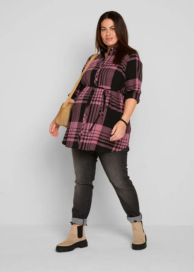 BLUSA LARGA DE MATERNIDAD/DE LACTANCIA DE FRANELA NEGROROSA DE CUADROS