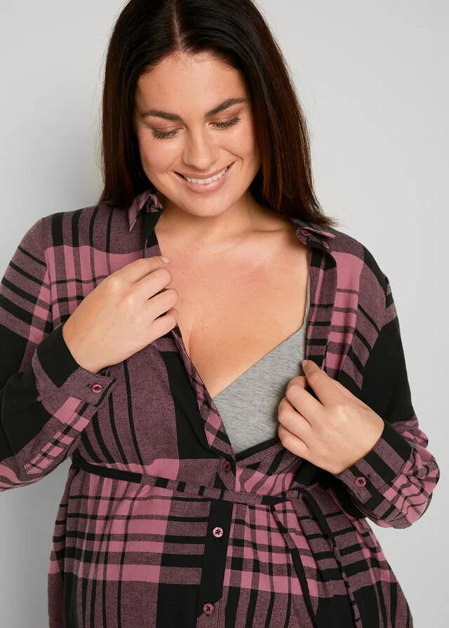 BLUSA LARGA DE MATERNIDAD/DE LACTANCIA DE FRANELA NEGROROSA DE CUADROS