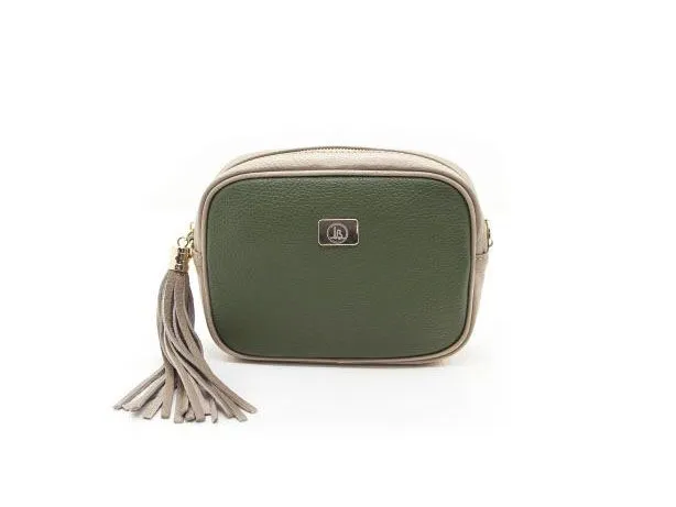 Bolso bandolera piel con cremallera verde/beige