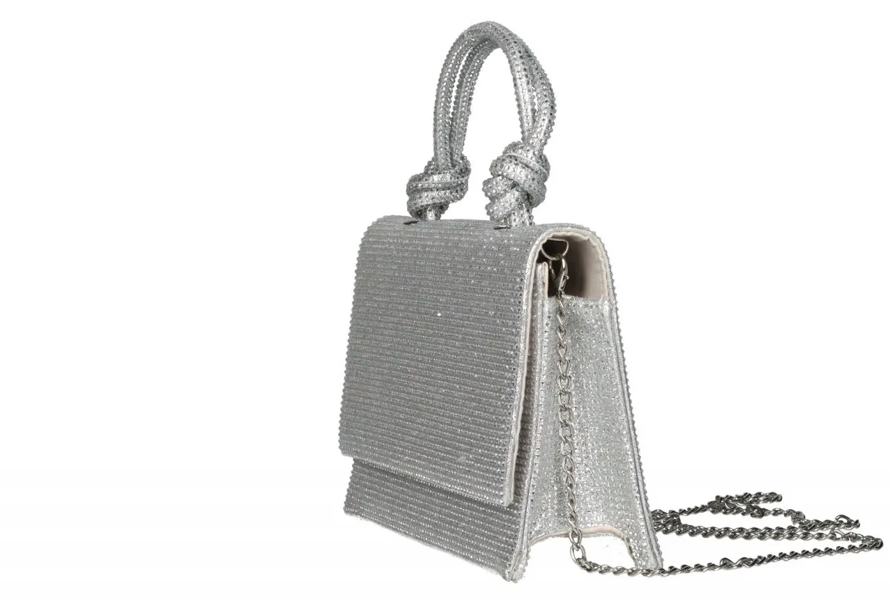 Bolso Mano Plata Strass Tapa Asa Nudos