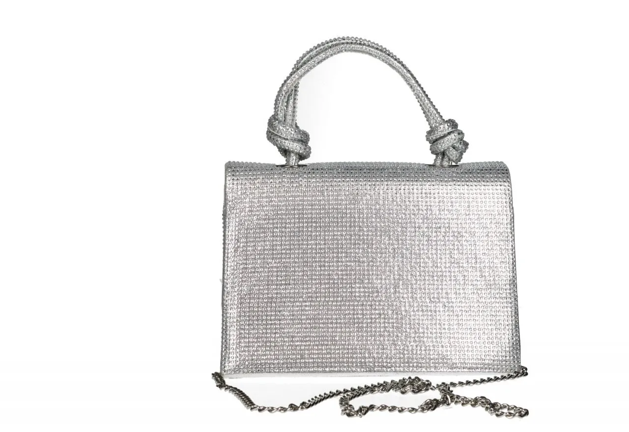 Bolso Mano Plata Strass Tapa Asa Nudos