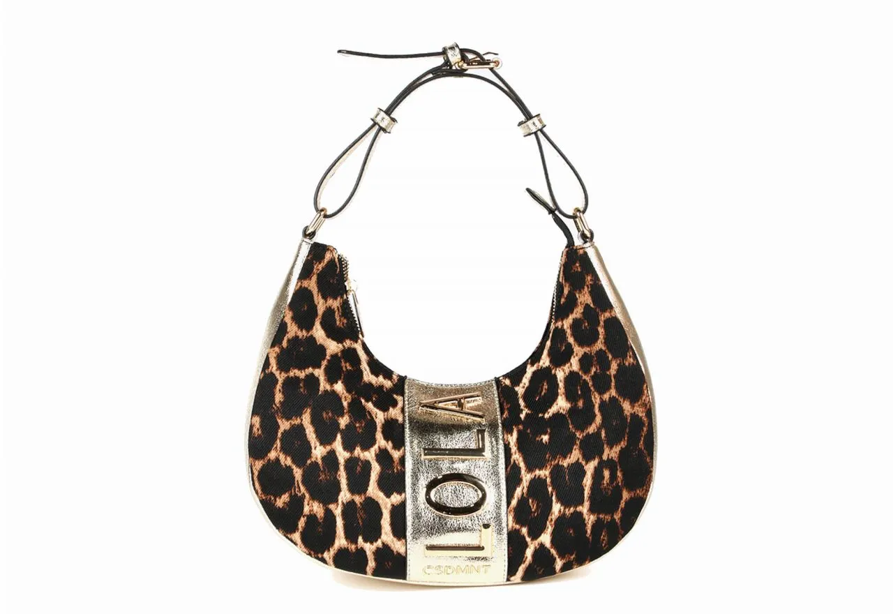 Bolso Media Luna Oro Nilon Estampado Animal Print Banda Logo