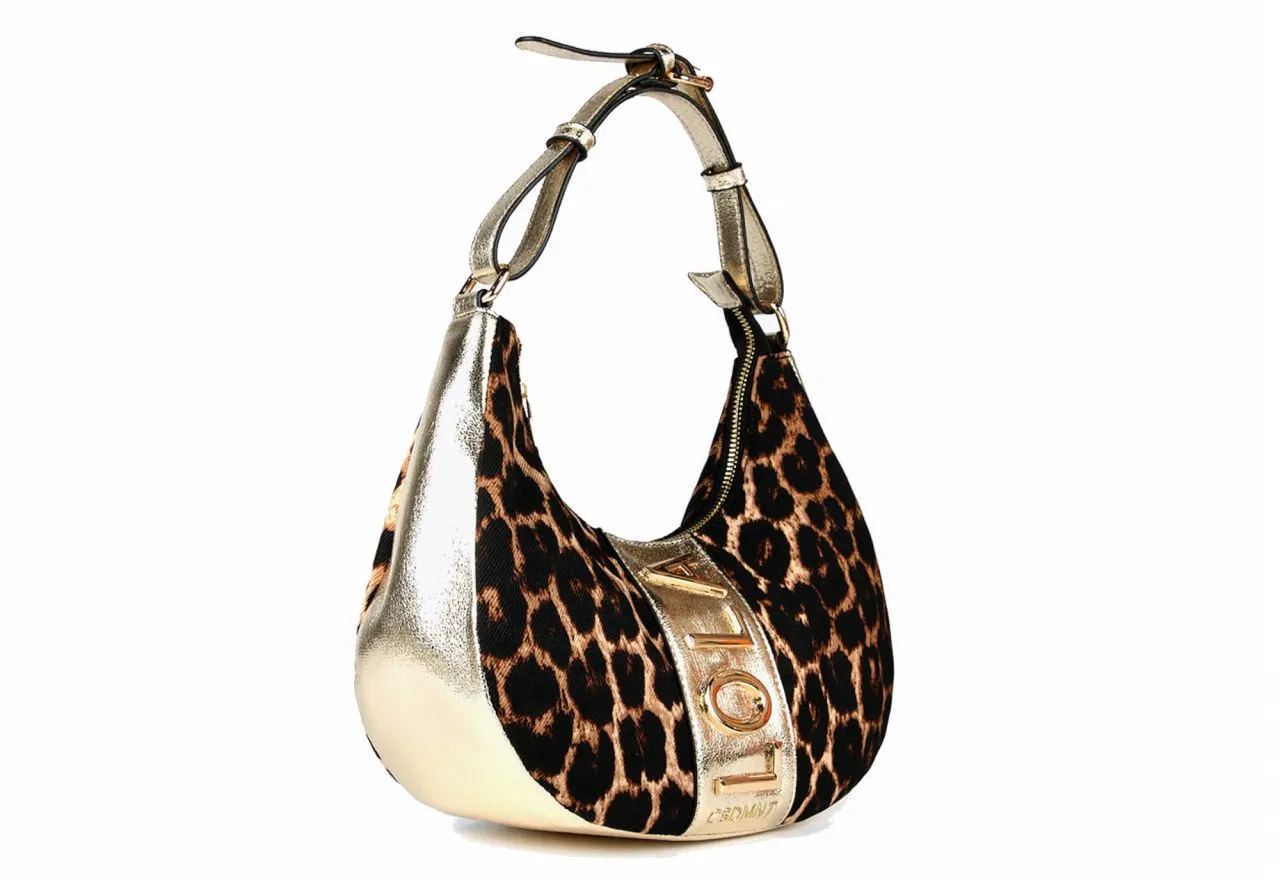 Bolso Media Luna Oro Nilon Estampado Animal Print Banda Logo