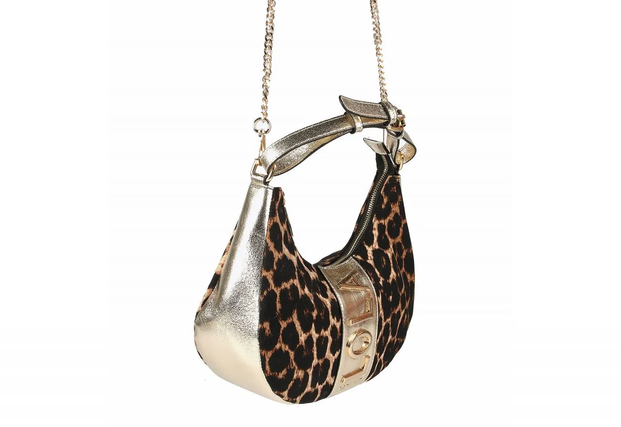 Bolso Media Luna Oro Nilon Estampado Animal Print Banda Logo