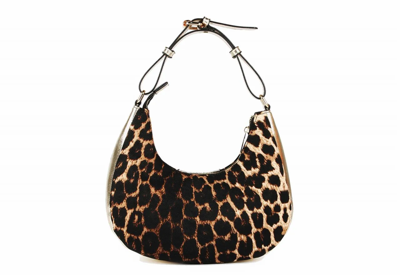 Bolso Media Luna Oro Nilon Estampado Animal Print Banda Logo