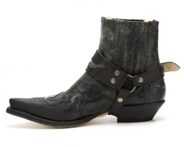 Botín Sendra Boots hombre combinación cuero desgastado negro con arnés