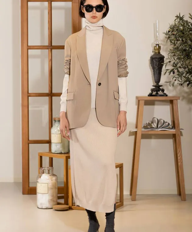 Brunello Cucinelli Beige striped skirt with monil chain