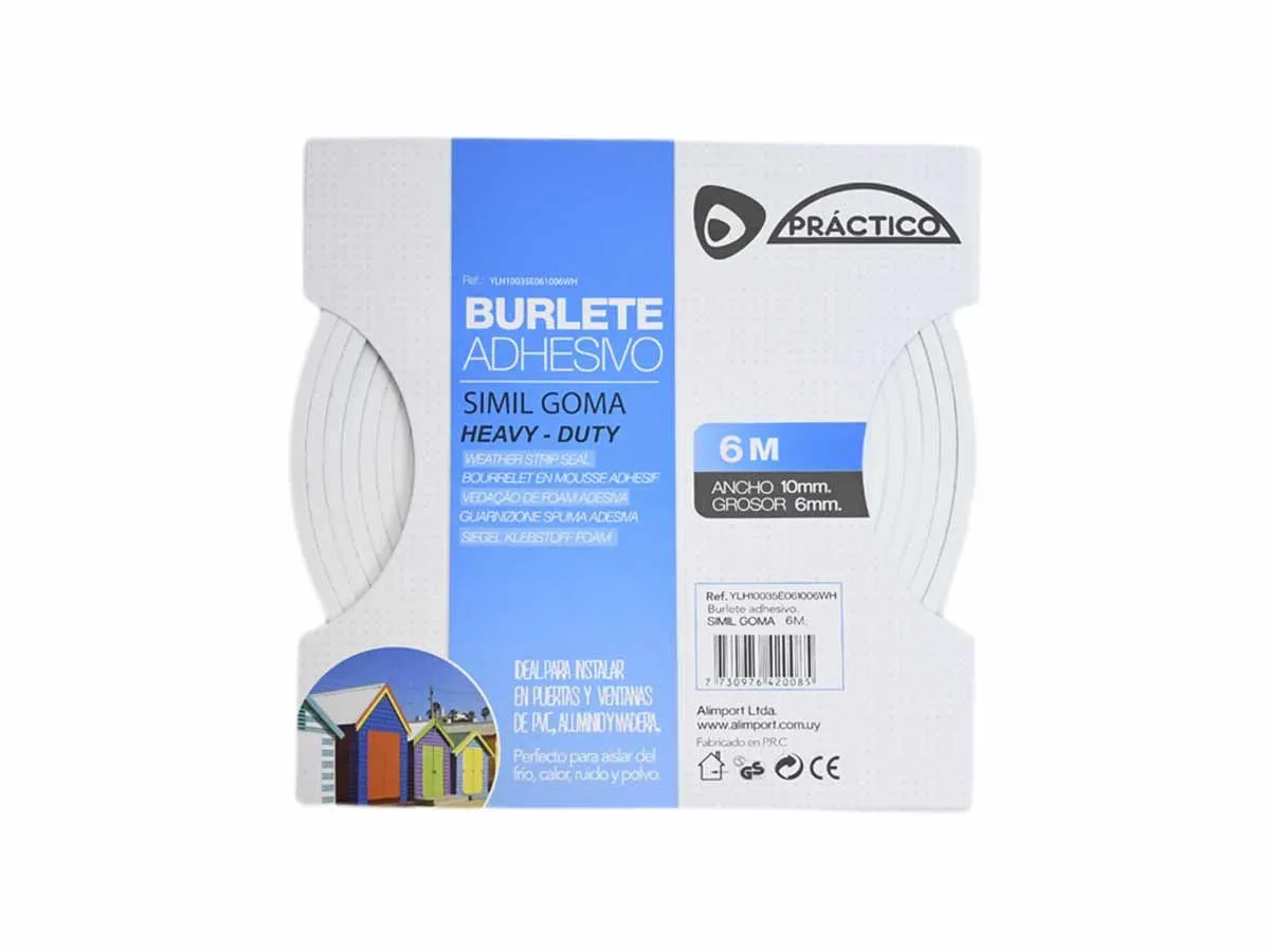 Burlete Adhesivo Símil Goma Blanco PRÁCTICO 6 x 10 x 6 mm