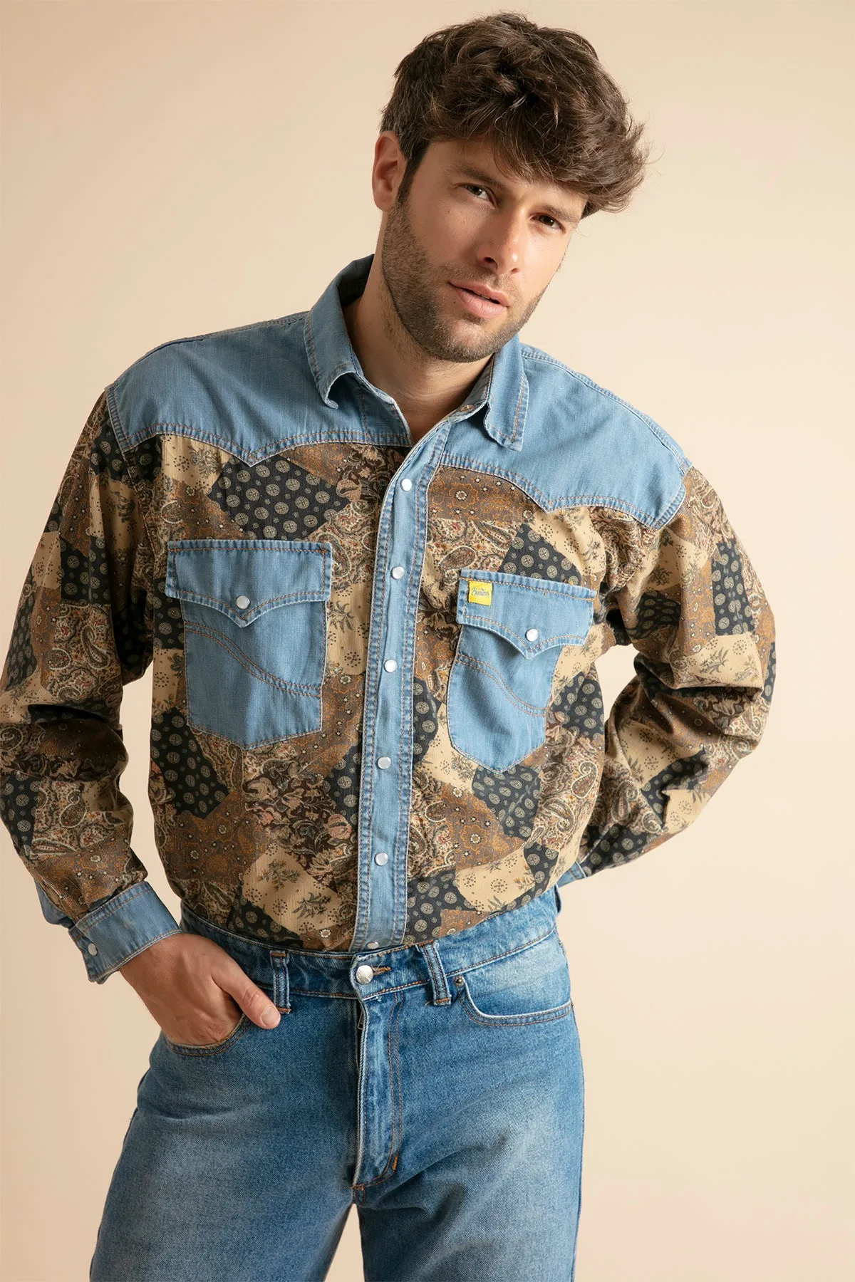 Camisa Vaquera con Pana Estampada para Hombre
