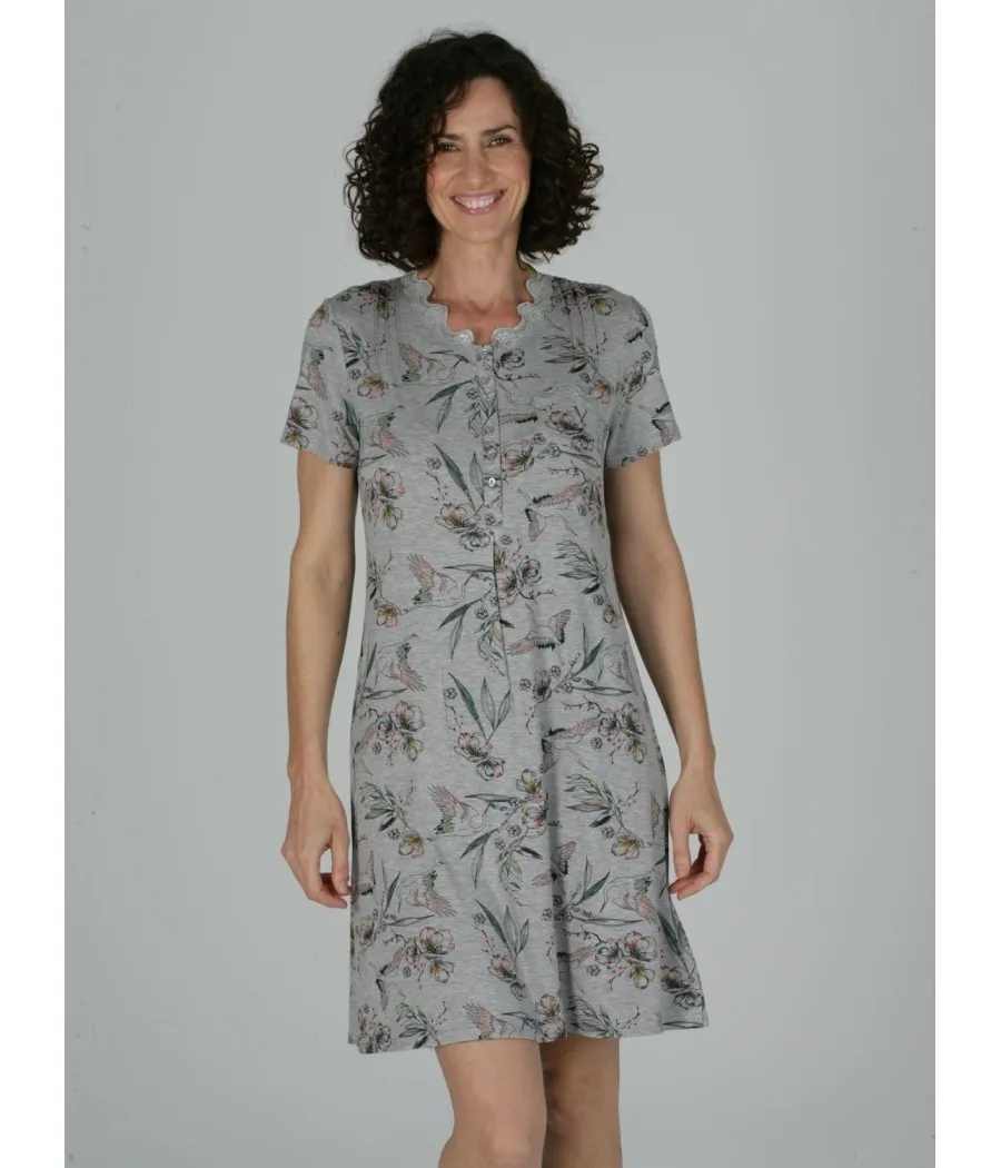 Camisón mujer Pettrus manga corta gris Flores viscosa