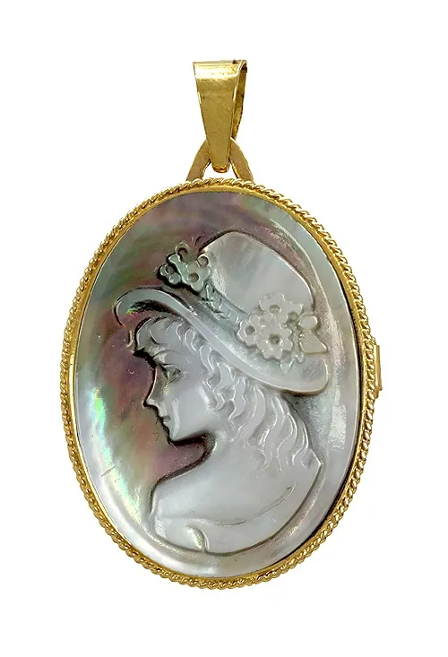 Colgante oro guardapelos con camafeo nácar gris