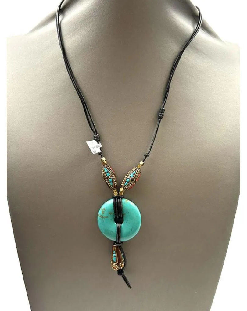 COLLARES DE CUERO UNISEX CON DONUT PIEDRA TURQUESA