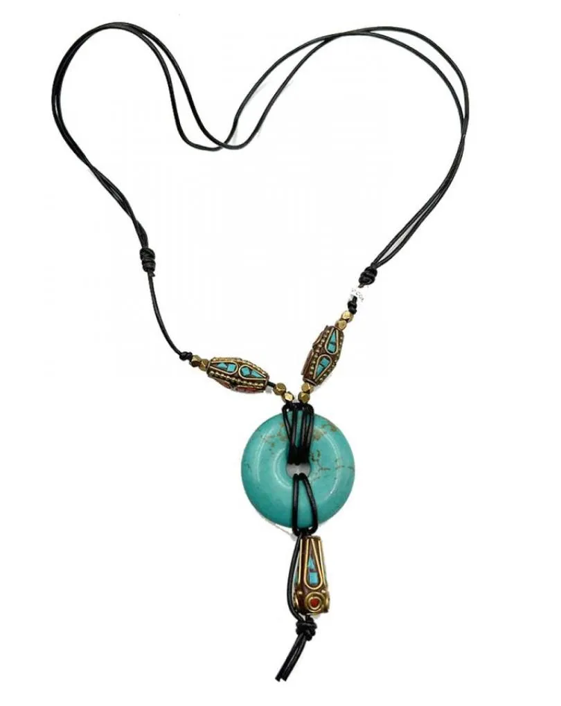 COLLARES DE CUERO UNISEX CON DONUT PIEDRA TURQUESA