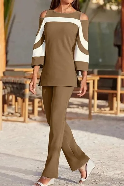 Elegante conjunto de camiseta y pantalón, camel
