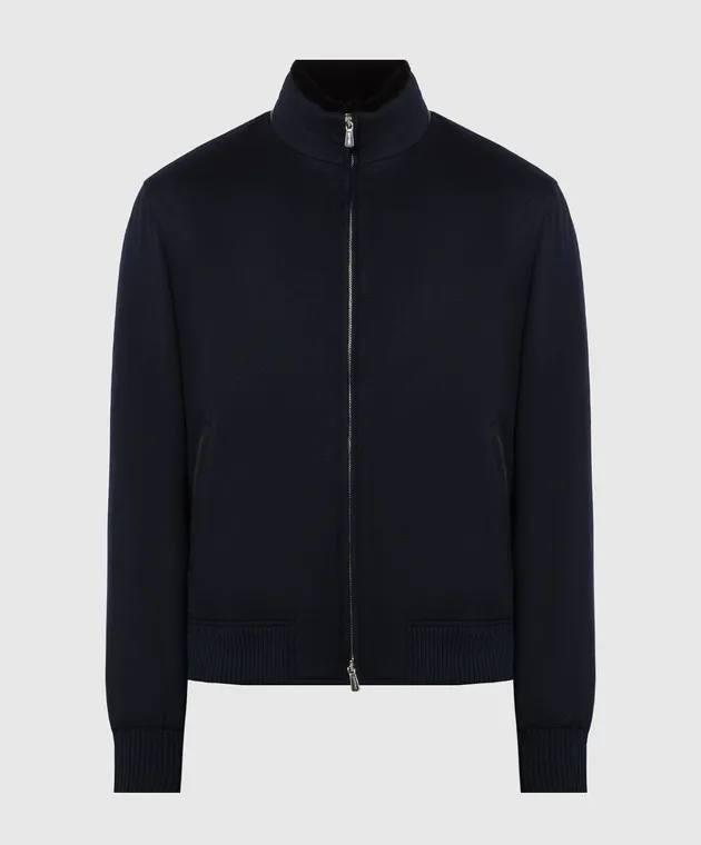 Enrico Mandelli Blue cashmere jacket with mink fur and deerskin inserts