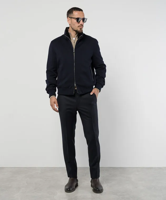 Enrico Mandelli Blue cashmere jacket with mink fur and deerskin inserts