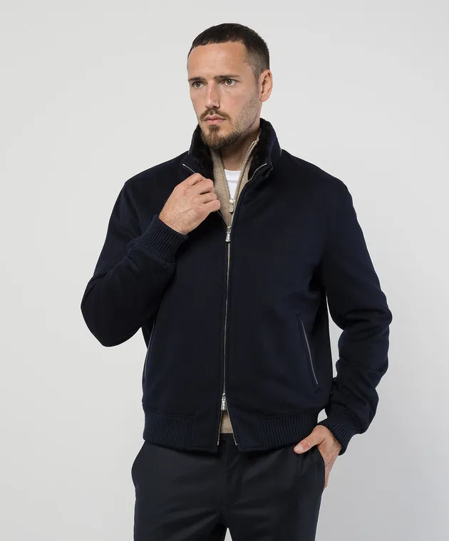 Enrico Mandelli Blue cashmere jacket with mink fur and deerskin inserts