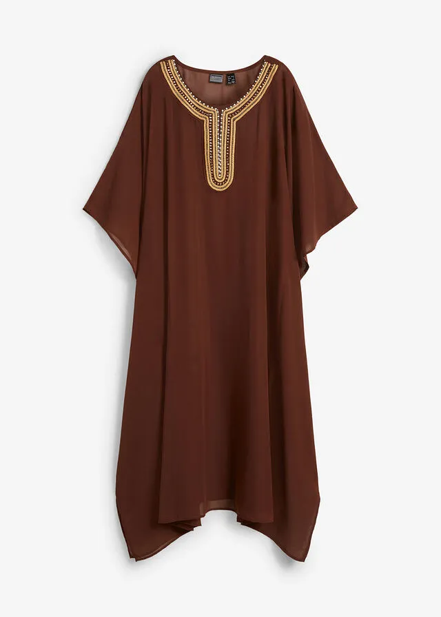 Exclusivo vestido tipo kimono de gasa para la playa Marrón oscuro