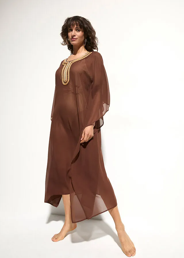 Exclusivo vestido tipo kimono de gasa para la playa Marrón oscuro