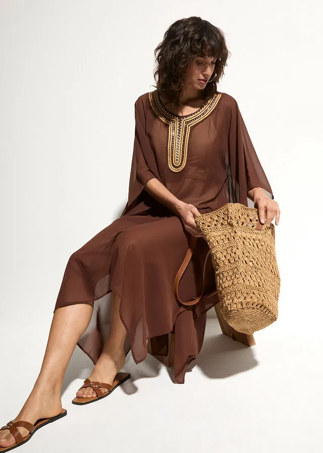 Exclusivo vestido tipo kimono de gasa para la playa Marrón oscuro