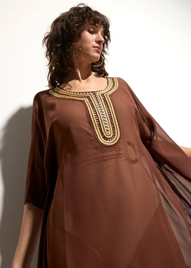 Exclusivo vestido tipo kimono de gasa para la playa Marrón oscuro