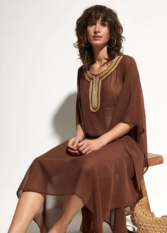 Exclusivo vestido tipo kimono de gasa para la playa Marrón oscuro