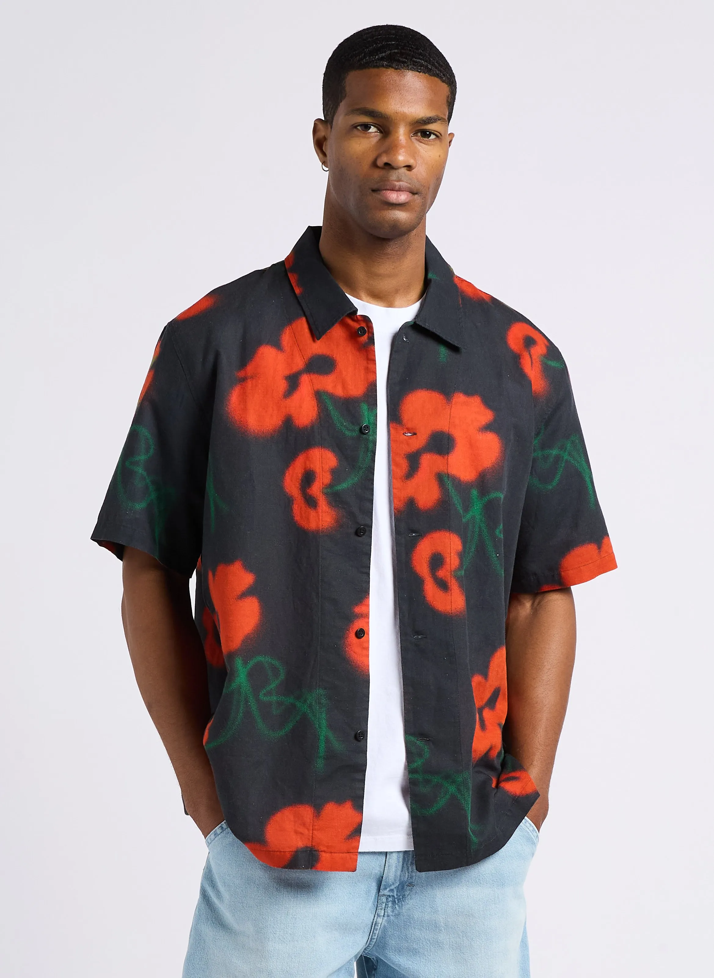 GARDEN SOCIETY  CAMISA DE CUELLO CLáSICO ESTAMPADA FLORAL EN LINO Y ALGODóN MEZCLADO EN MULTICOLOR