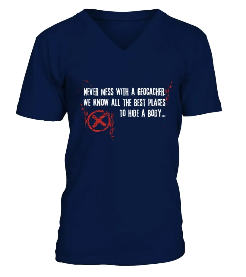 GEOCACHING  NEVER MESS WITH A GEOCACHER RED CAMISETA CUELLO EN V UNISEX