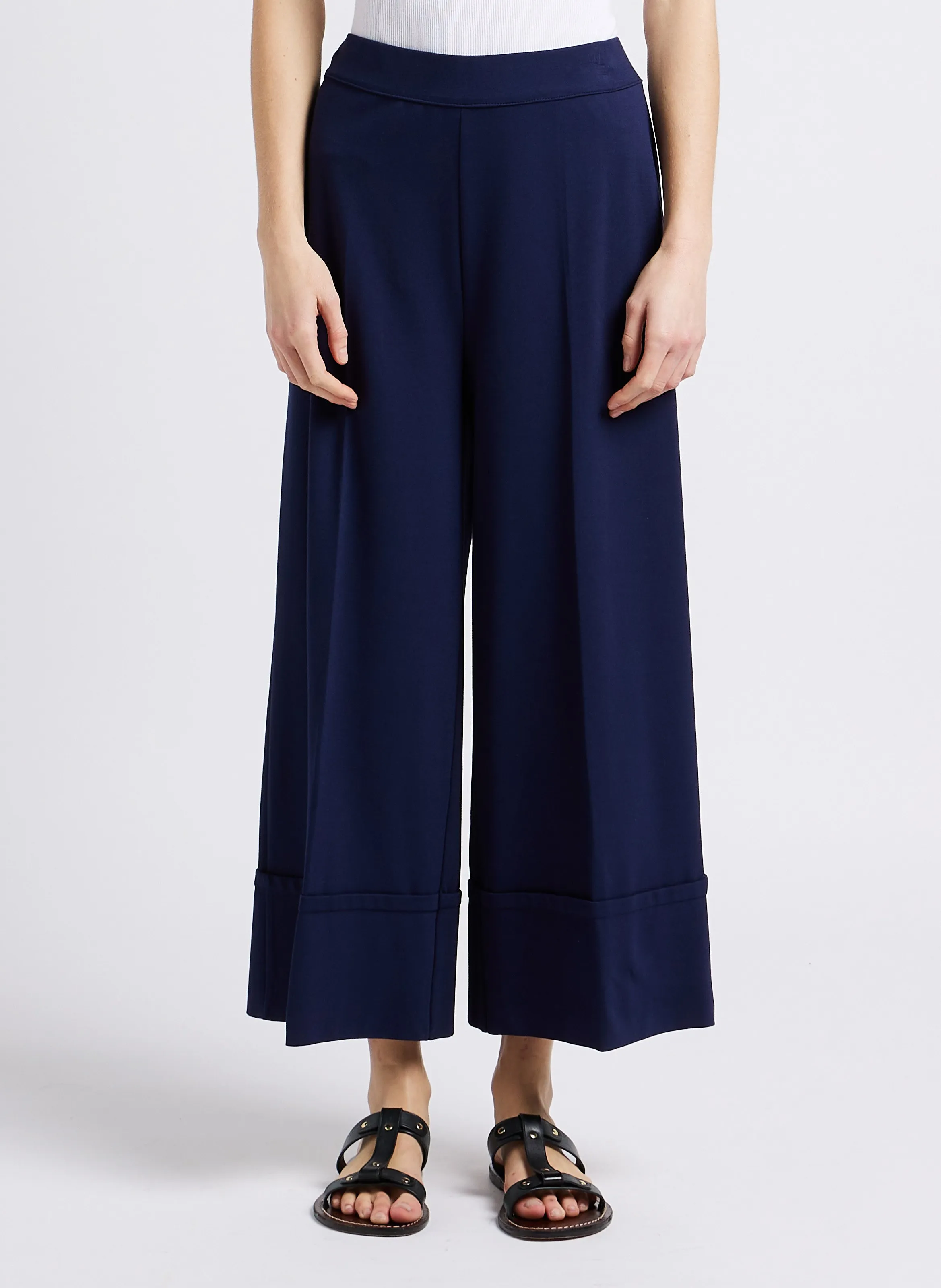 HUMILITY Pantalón ancho tobillero con dobladillos de punto milano elástico en azul
