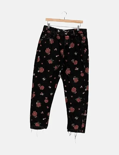 Lefties Denim negro estampado floral bajo desflecado