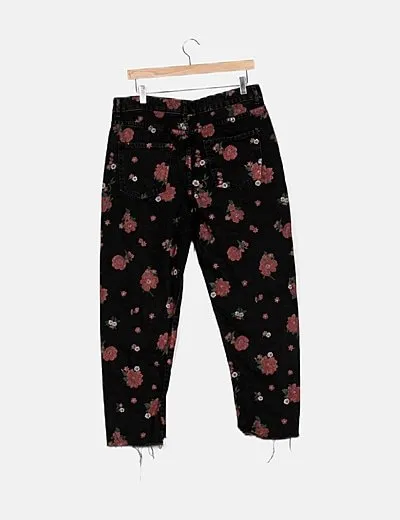 Lefties Denim negro estampado floral bajo desflecado