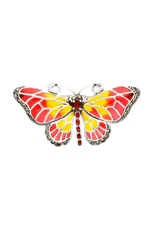 Mariposa plata tonos rojos y amarillos broche de solapa