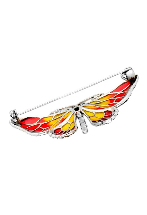 Mariposa plata tonos rojos y amarillos broche de solapa