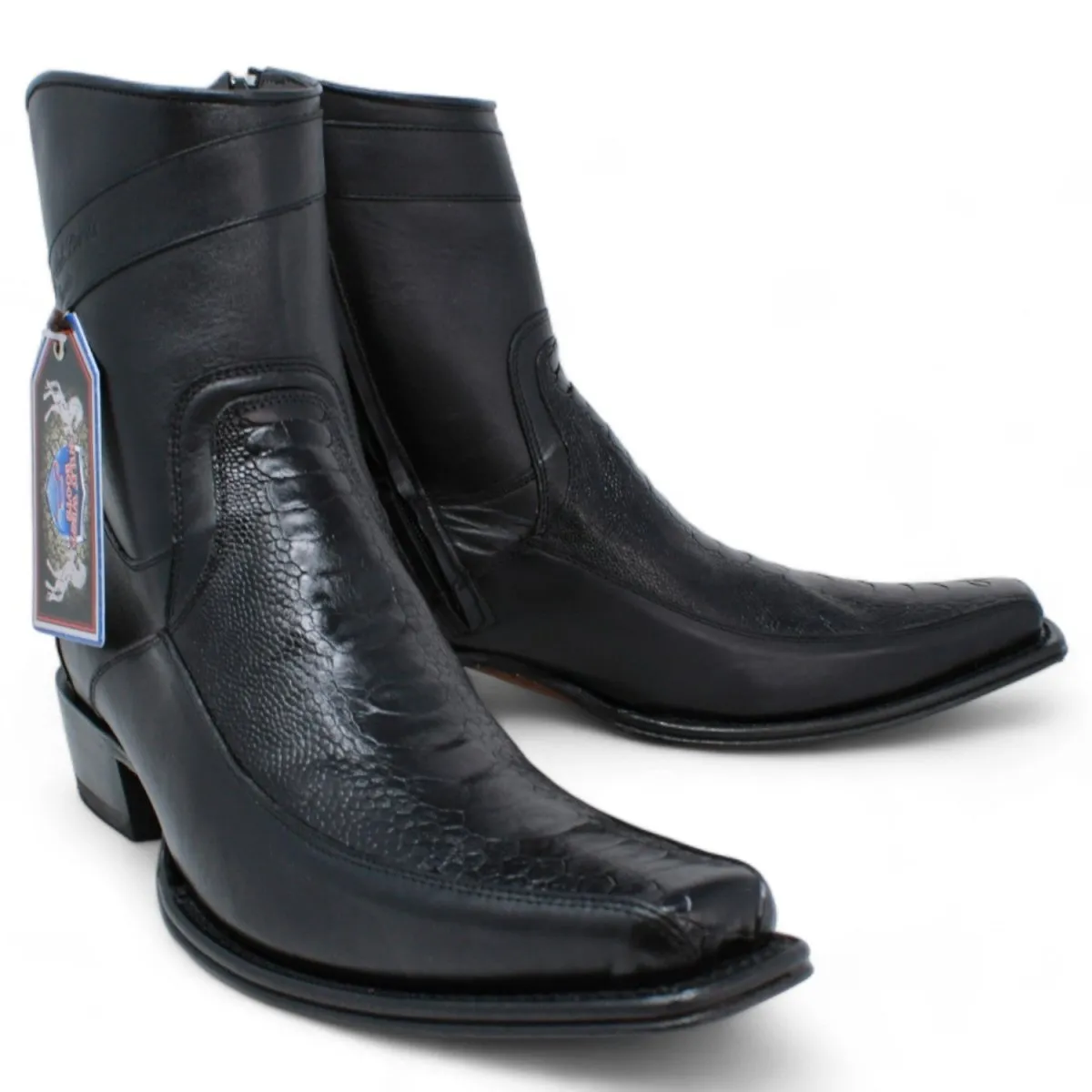 MEN'S WILD WEST GENUINE OSTRICH LEG & DEER EUROPEAN SQUARE TOE SHORT BOOTS  BLACK
