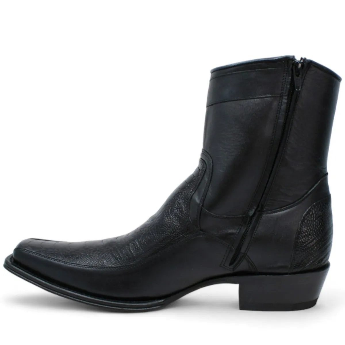 MEN'S WILD WEST GENUINE OSTRICH LEG & DEER EUROPEAN SQUARE TOE SHORT BOOTS  BLACK