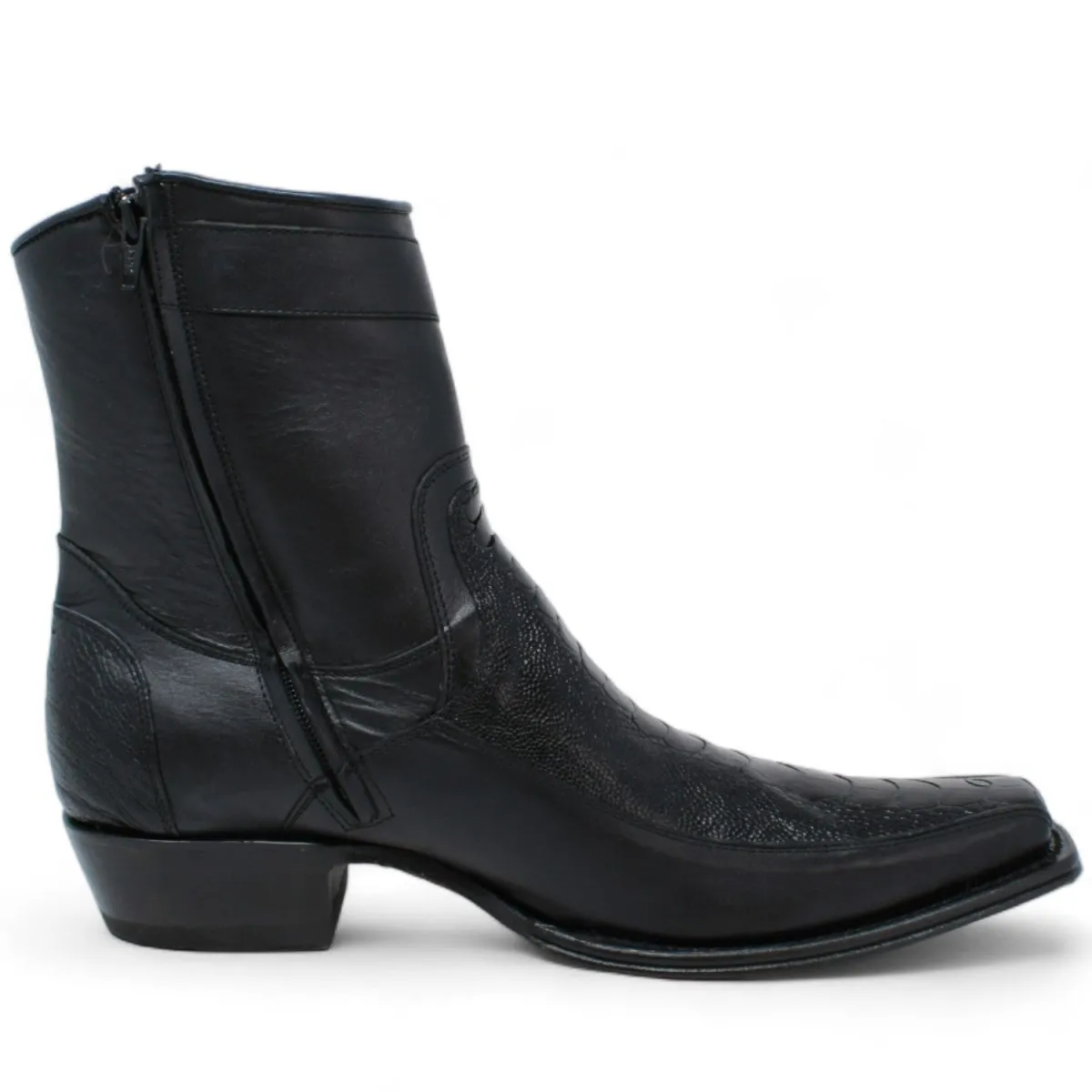 MEN'S WILD WEST GENUINE OSTRICH LEG & DEER EUROPEAN SQUARE TOE SHORT BOOTS  BLACK