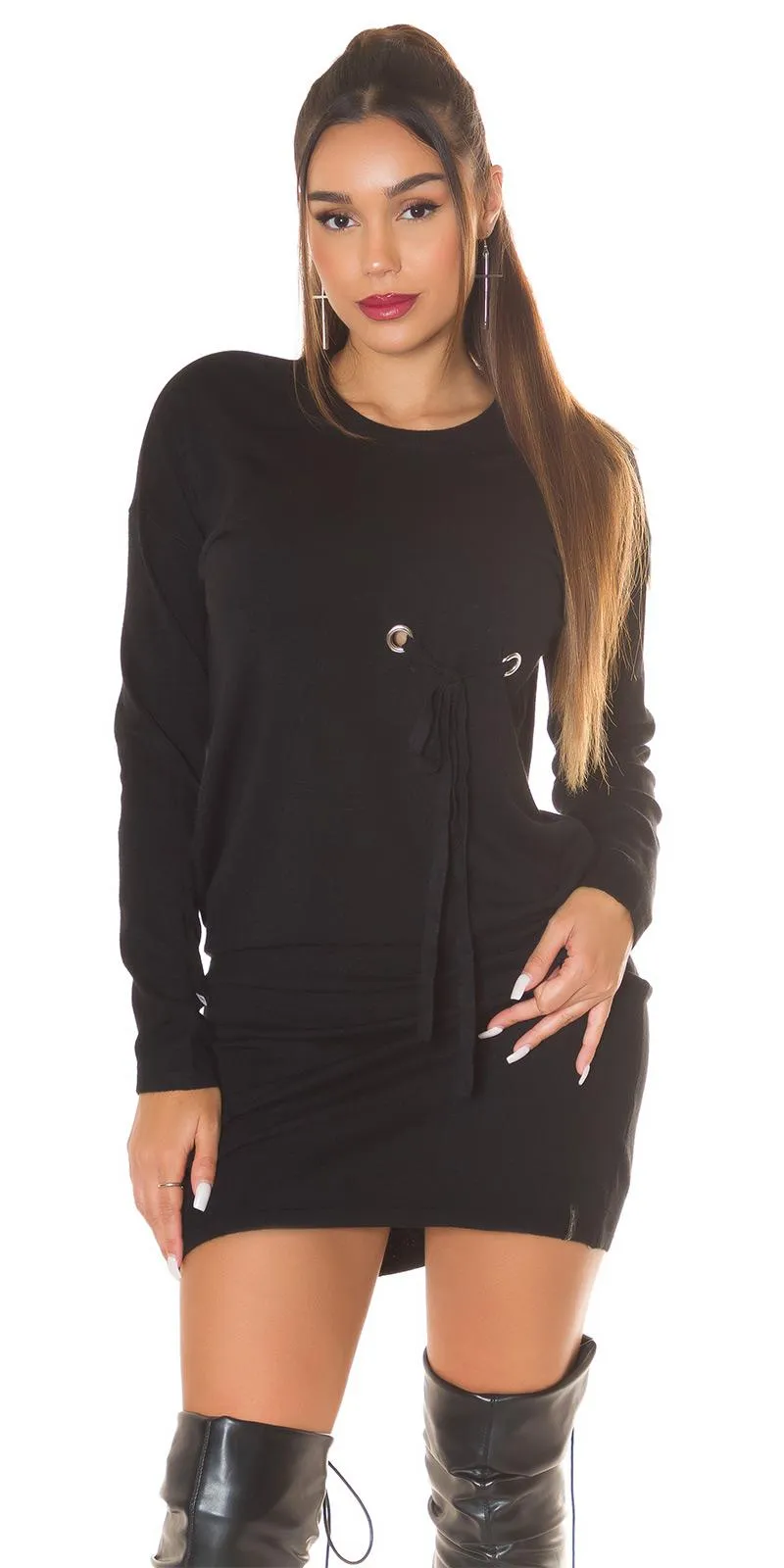 Minivestido holgado negro manga larga