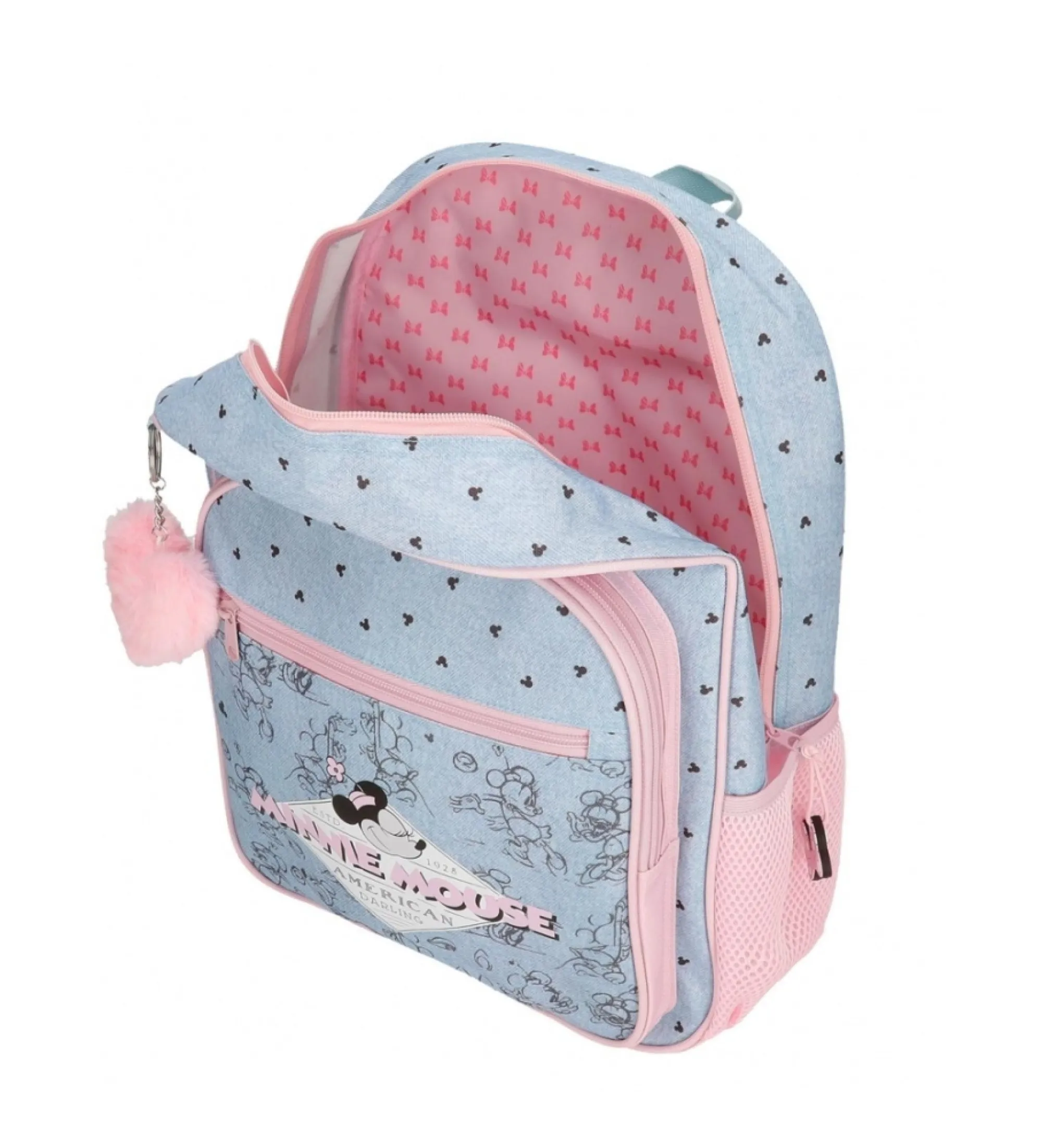 Mochila escolar Minnie American darling 38cm con carro azul