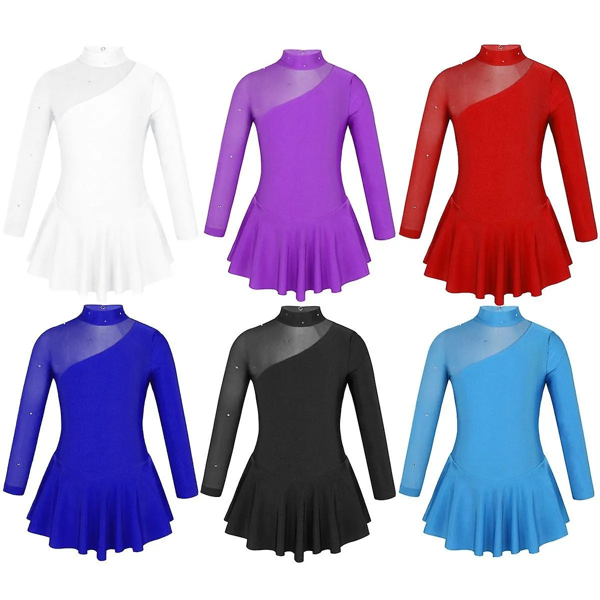 Niños Lycra salón de baile mock cuello tul espalda figura vestido de patinaje sobre hielo
