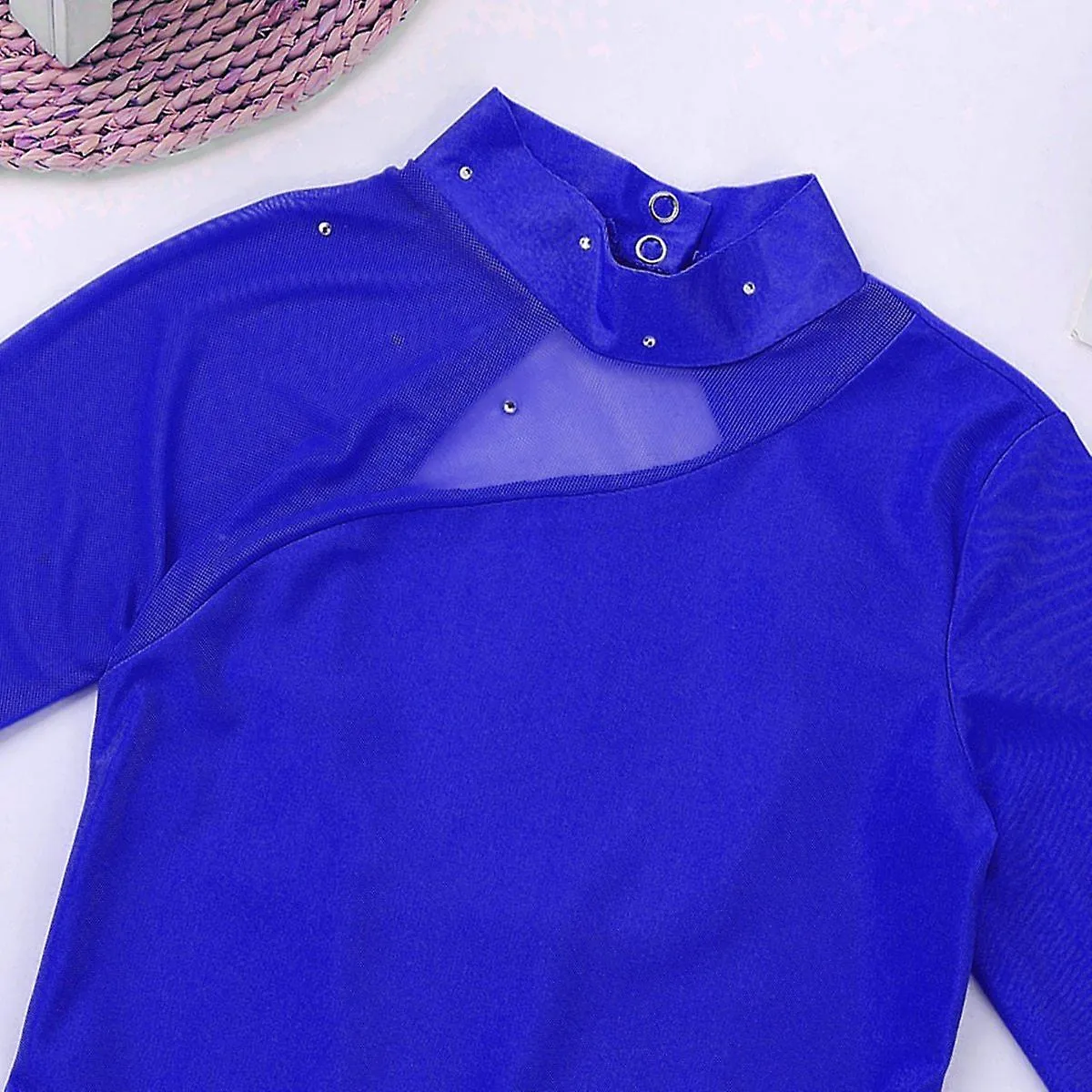 Niños Lycra salón de baile mock cuello tul espalda figura vestido de patinaje sobre hielo