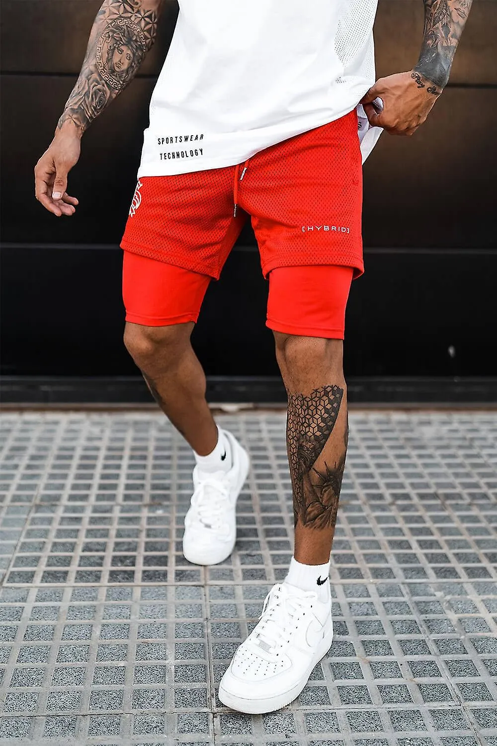 Pantalones cortos para correr de verano 2 en 1 Hombres Gimnasio Fitness Entrenamiento Pantalones cortos deportivos Malla Balonce