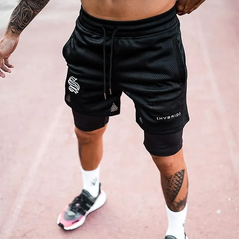 Pantalones cortos para correr de verano 2 en 1 Hombres Gimnasio Fitness Entrenamiento Pantalones cortos deportivos Malla Balonce