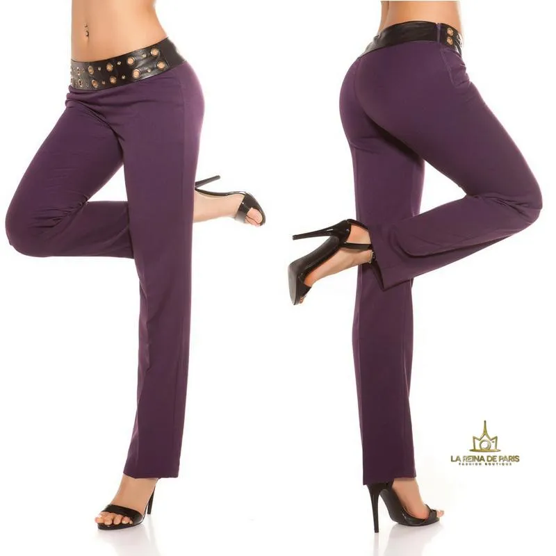  Pantalones rectos púrpura con cuero 