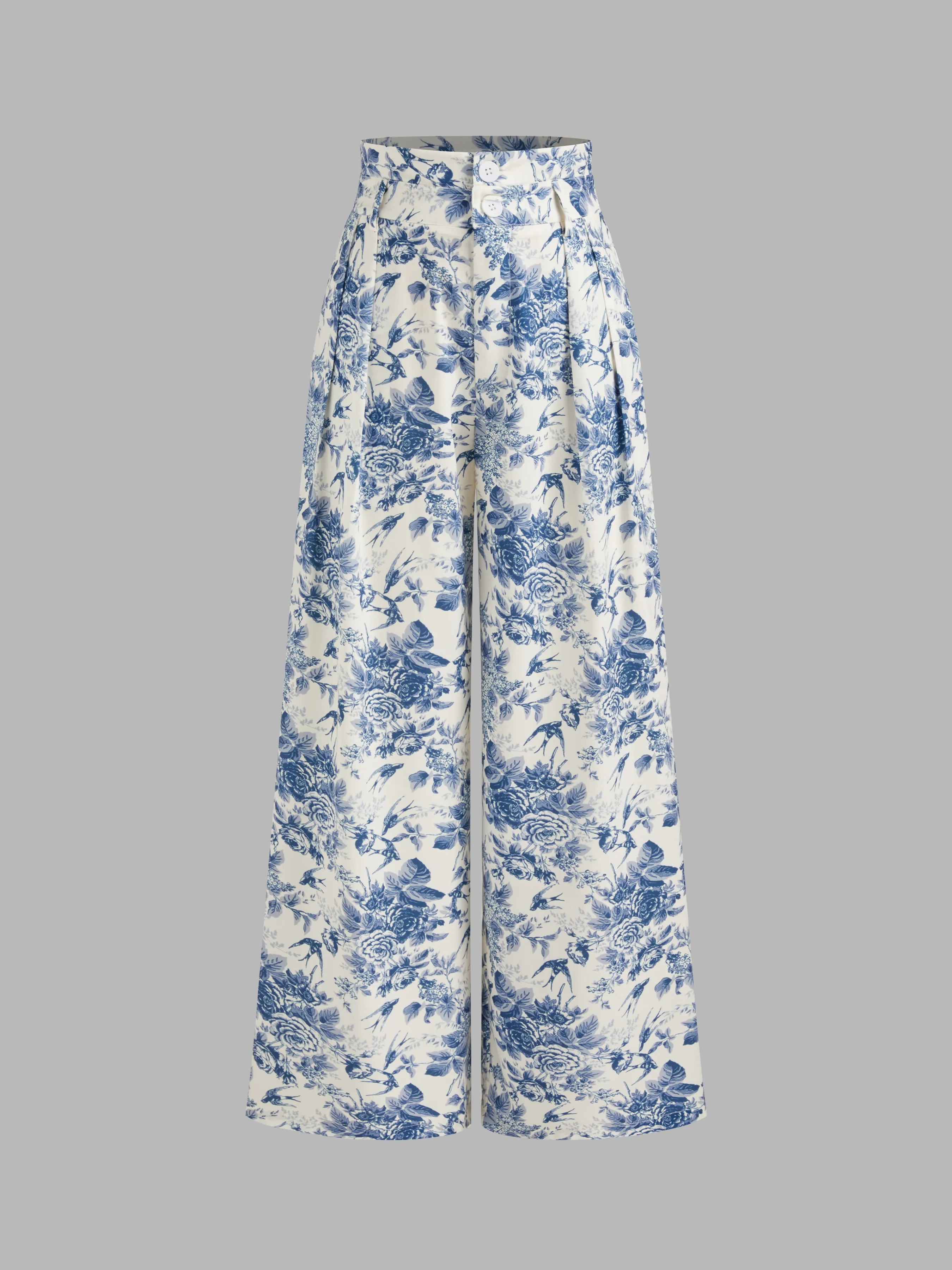 Pantalón ancho de talle alto con bolsillos y estampado floral