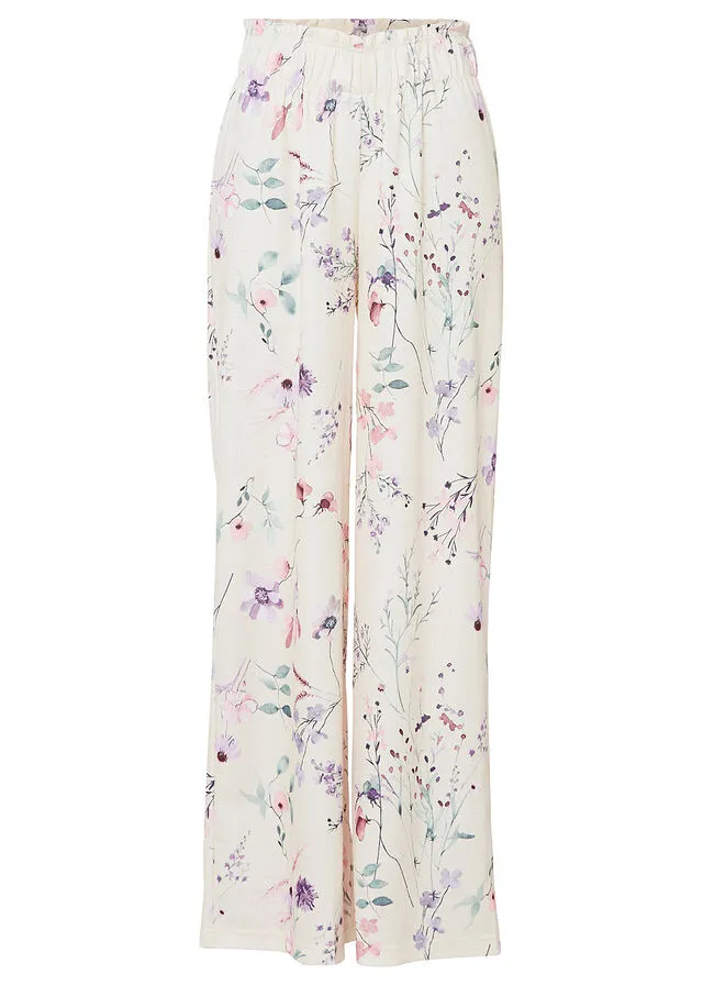 Pantalón de punto de crepé con estampado de flores Beige natural de flores