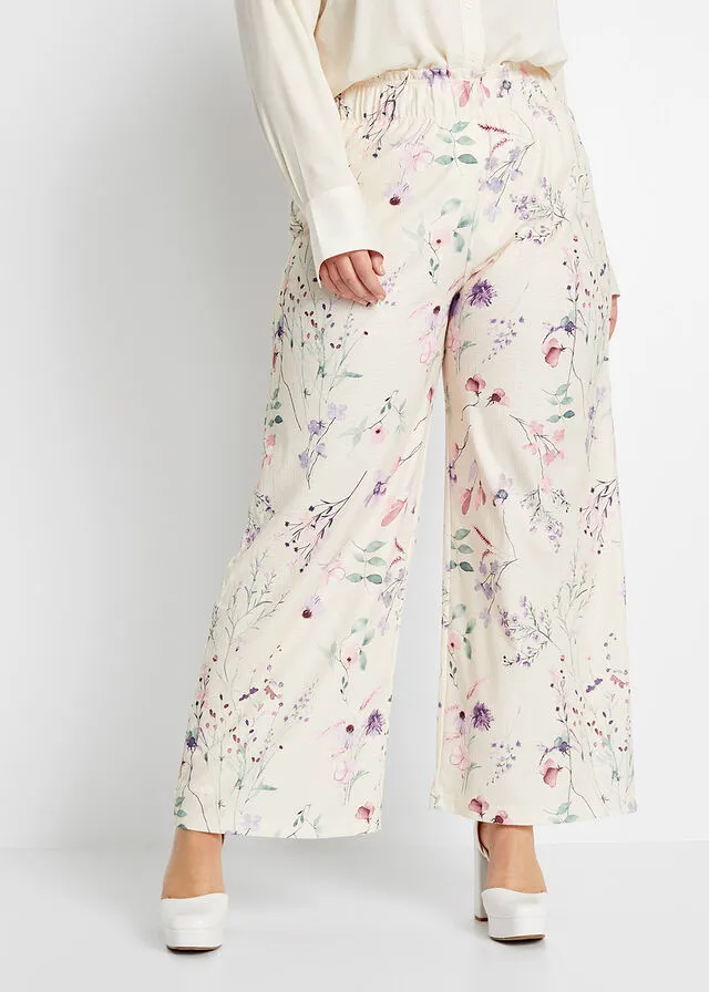 Pantalón de punto de crepé con estampado de flores Beige natural de flores